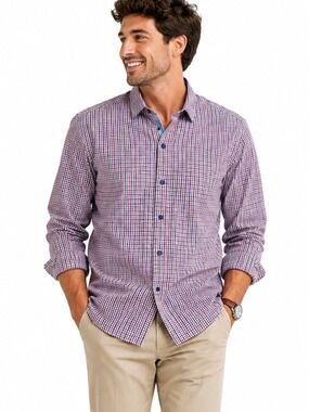 Men's 15.5 Buttoned Down Slim Fit Blue Red Tattersall Check Casual Dress…